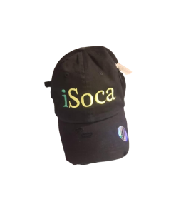 iSoca black dad hat with green and gold text