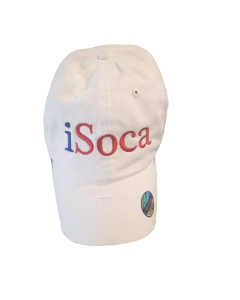 iSoca white dad hat with blue and red text